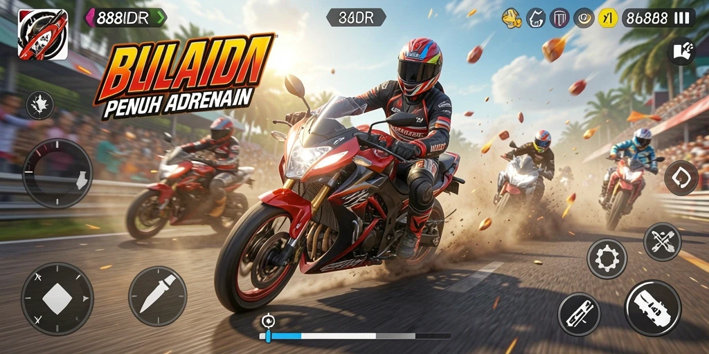 Screenshot permainan 888IDR menampilkan aksi balapan motor yang mendebarkan.