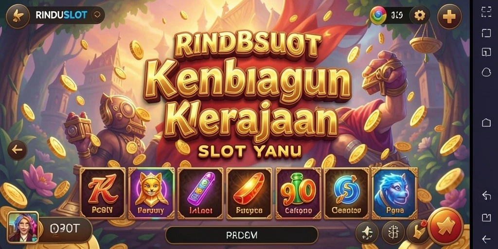 Tampilan gameplay RINDUSLOT dengan mesin slot yang beragam dan kasino megah.